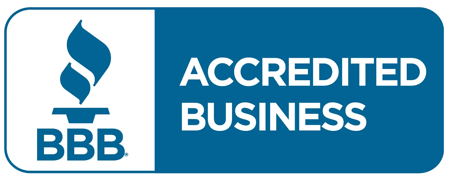 A blue and white badge that says BBB accredited business on it.